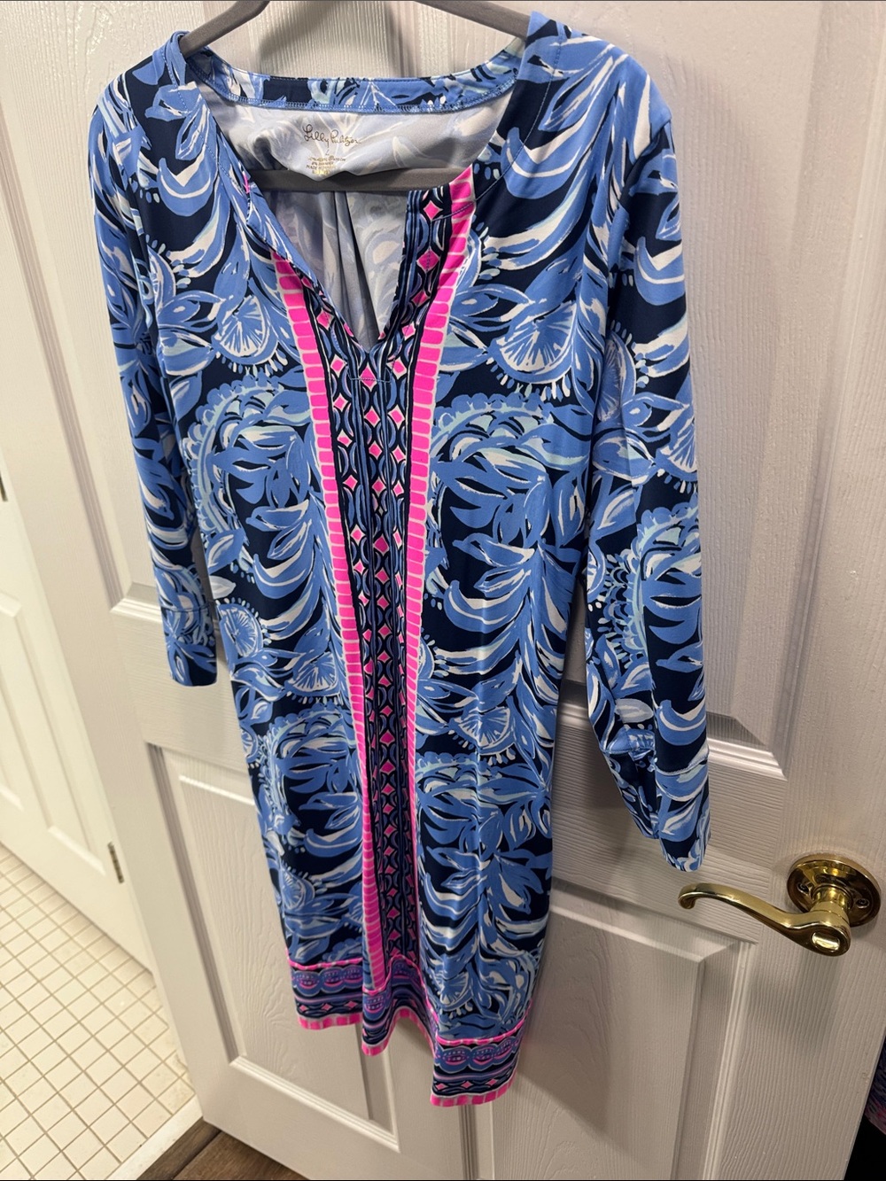 Lily Pulitzer citrus leaf Blue print 3/4-Sleeve Tunic Dress with Pink Trim